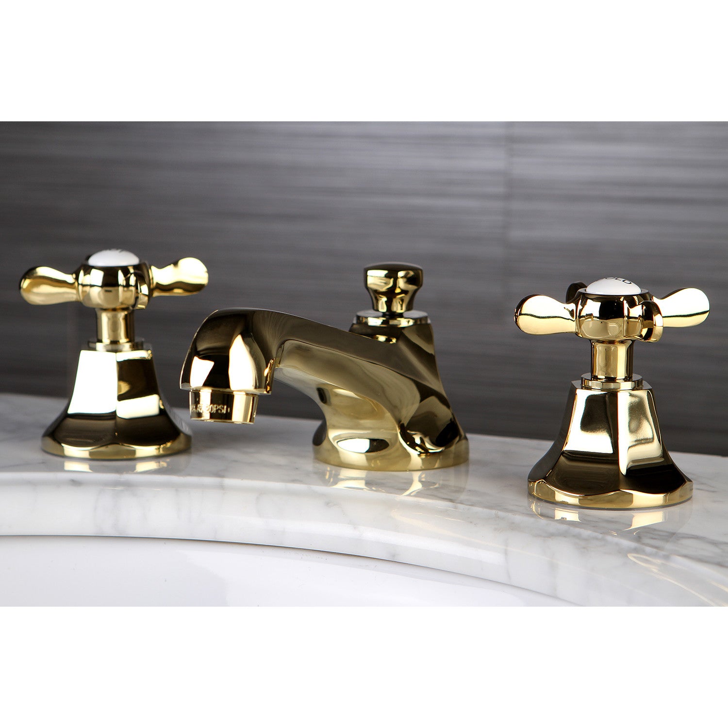 Kingston Tulare KS4462BEX - Essex Two-Handle 3-Hole Deck Mount Widespread Bathroom Faucet with Brass Pop-Up, Polished Brass — thumbnail 2